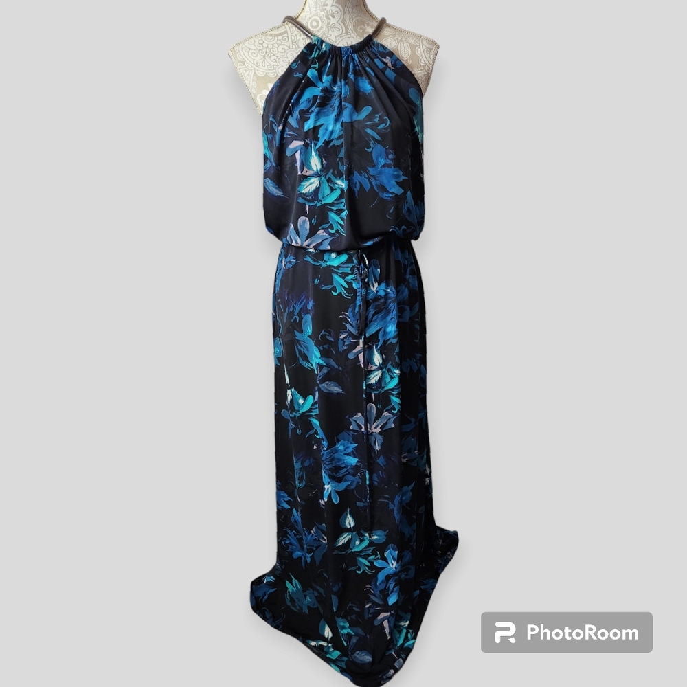 Vince Camuto Blue Floral Blouson Halter Maxi Dress size 6